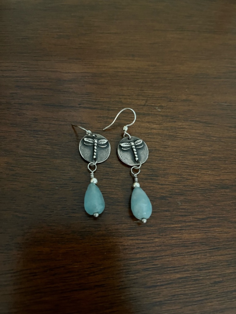 Silver Dragonfly Drop Earrings with Blue Teardrop Beads